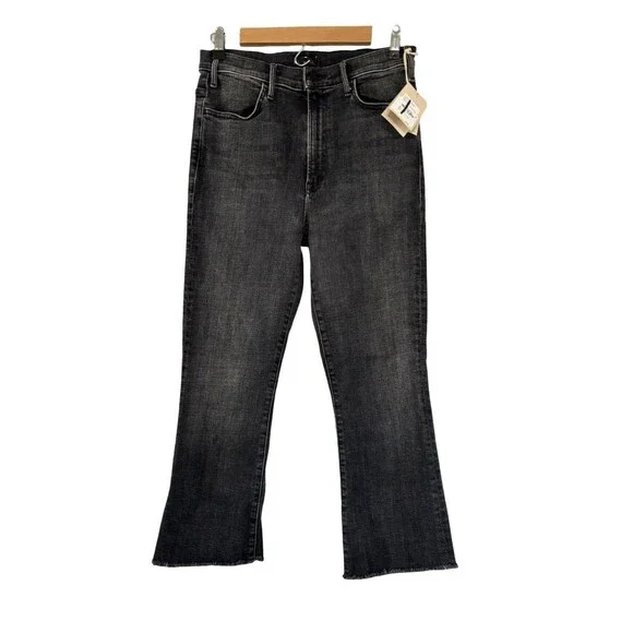 MOTHER The Hustler High Waist Fray Hem Ankle Bootcut Jeans Washed Black Size 31